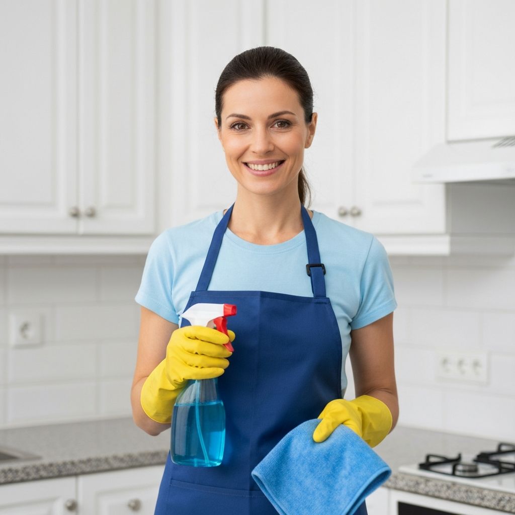 Professional cleaner with cleaning supplies
